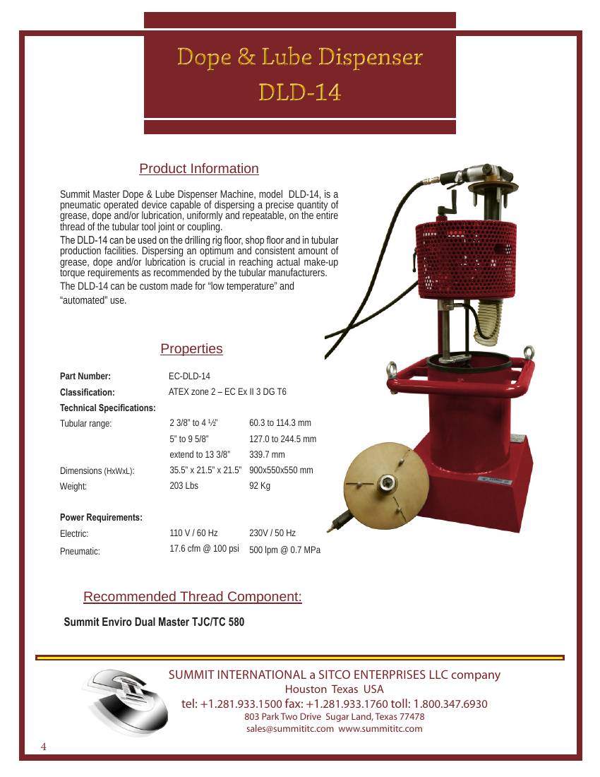 Dope & Lube Dispenser DLD-14 spec sheet