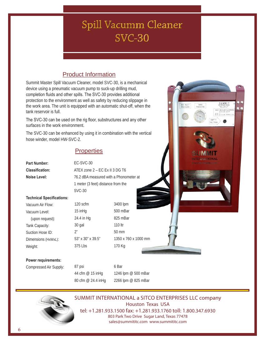 Spill Vacuum Cleaner SVC-30 spec sheet