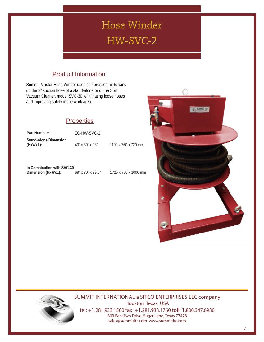 Hose Winder HW-SVC-2 spec sheet