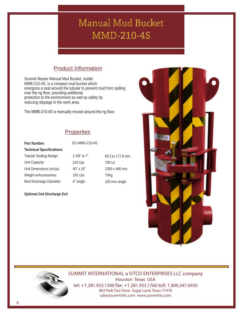 Manual Mud Bucket MMD-210-4S spec sheet