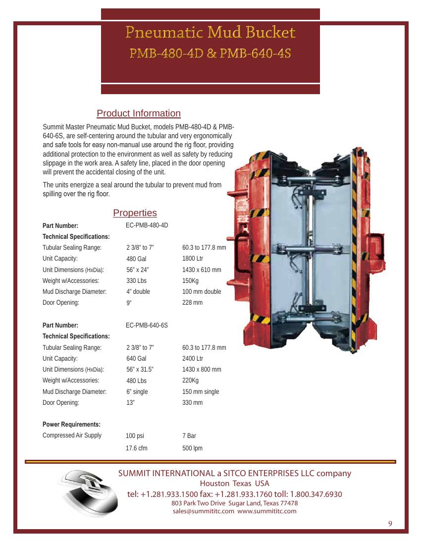 Pneumatic Mud Bucket PMB-480-4D & PMB-640-6S spec sheet