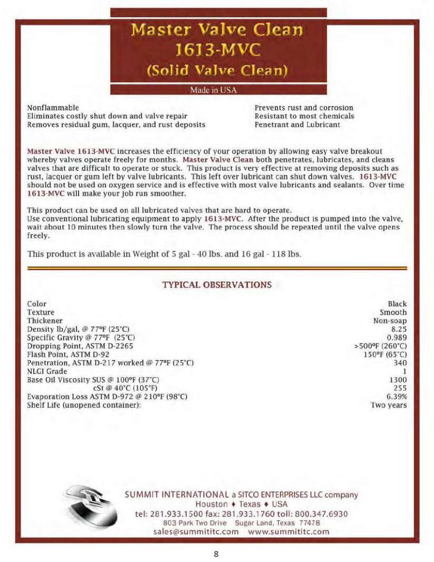 Master Valve Clean 1613-MVC catalog spec sheet