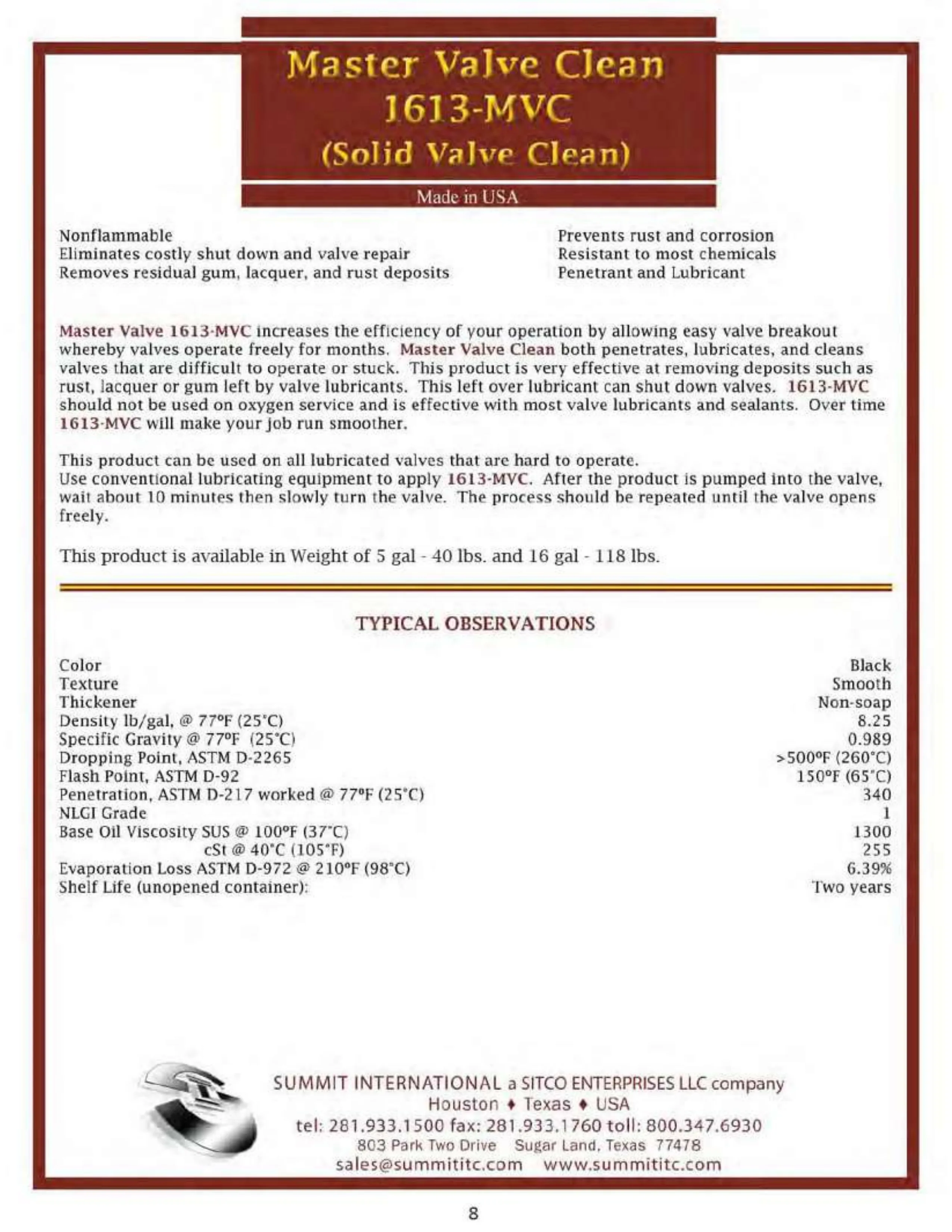 Master Valve Clean 1613-MVC catalog spec sheet