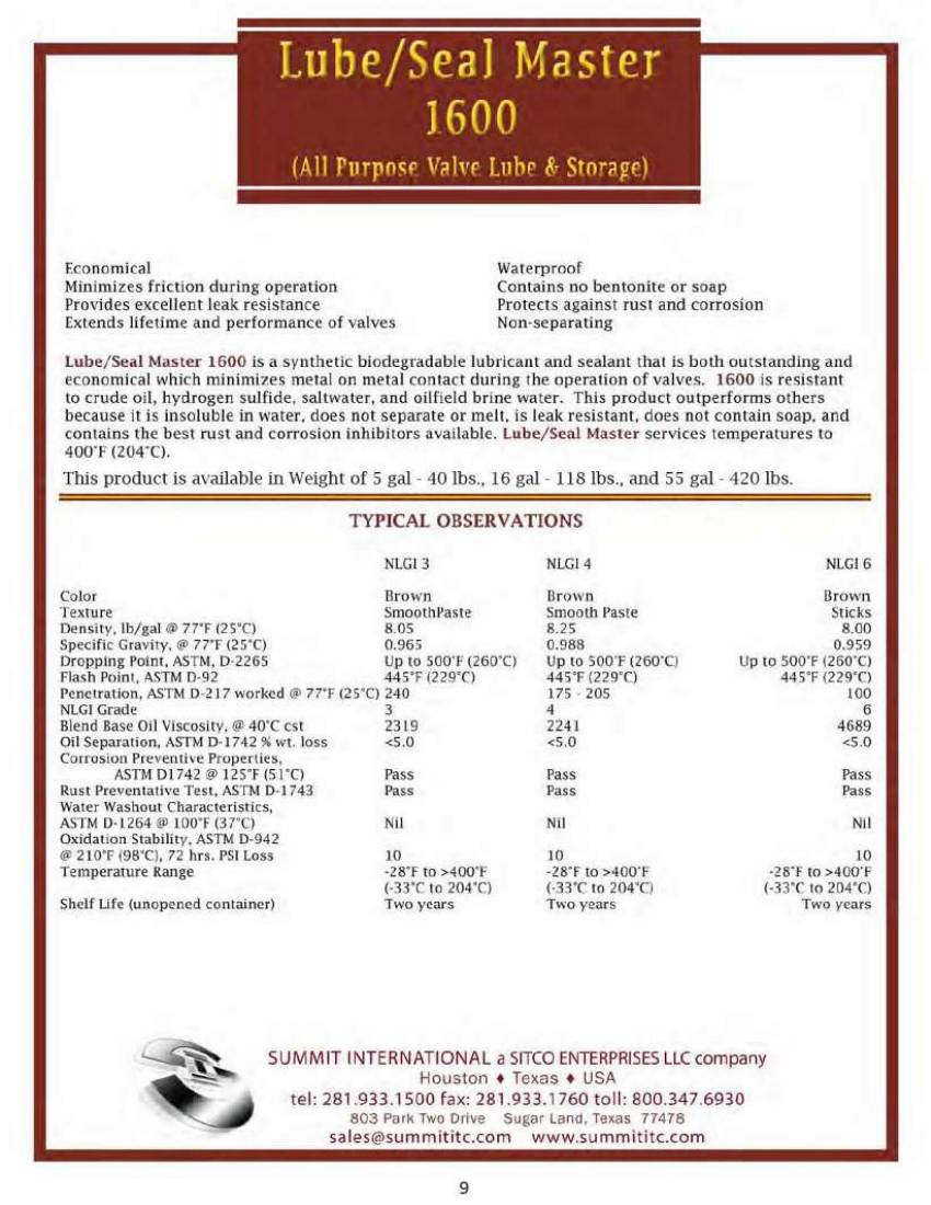 Lube/Seal Master 1600 catalog spec sheet
