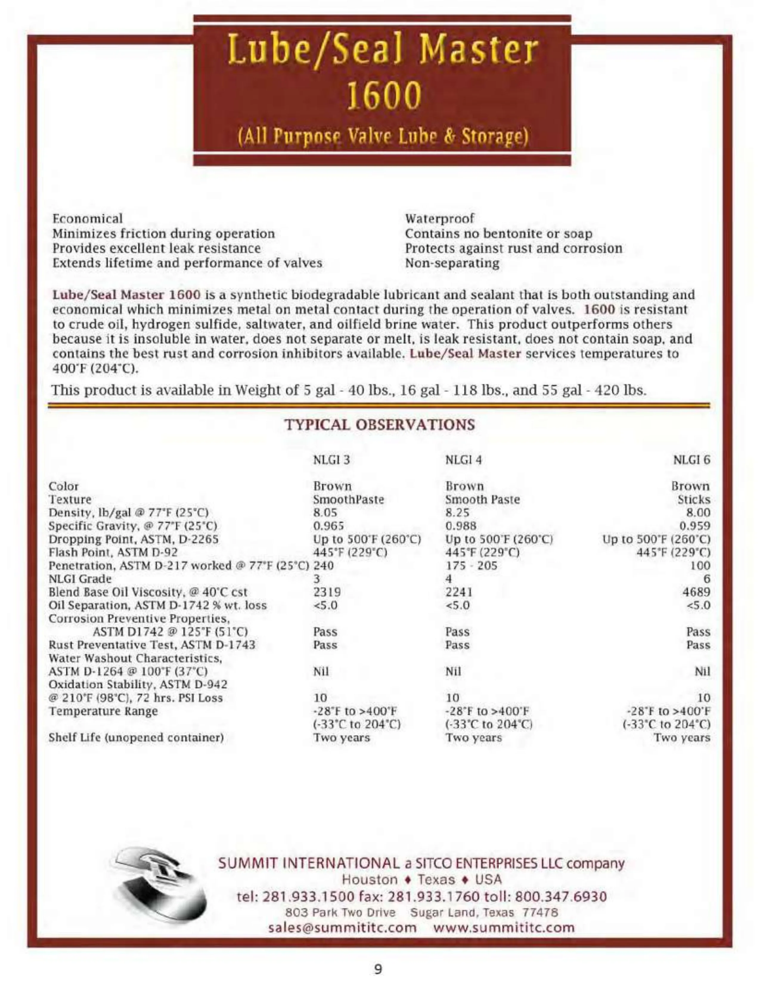 Lube/Seal Master 1600 catalog spec sheet