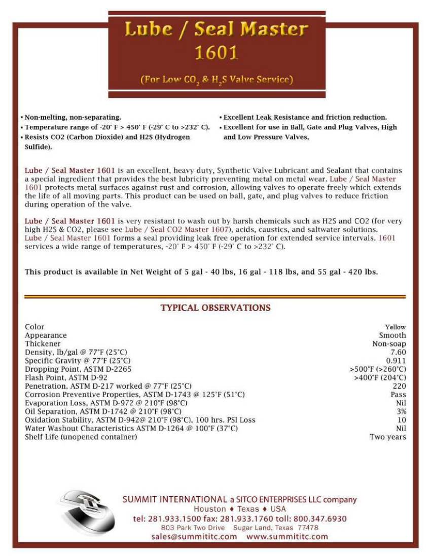 Lube/Seal Master 1601 catalog spec sheet