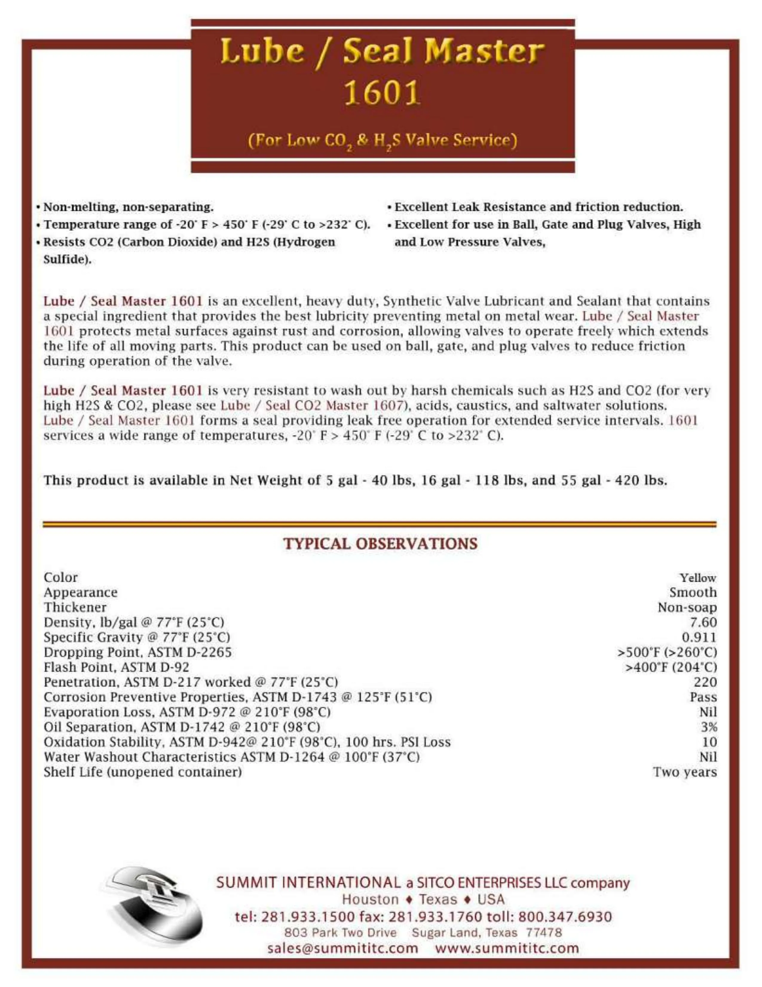 Lube/Seal Master 1601 catalog spec sheet