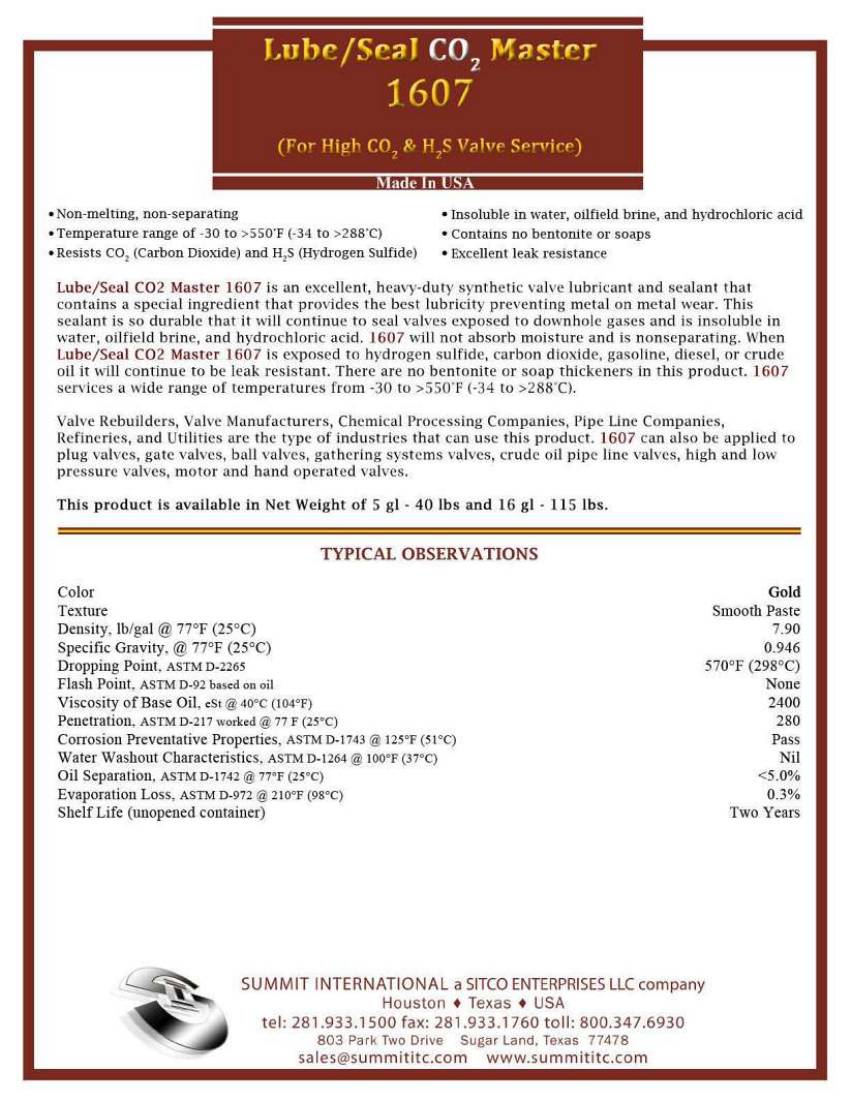 Lube/Seal CO₂ Master 1607 catalog spec sheet