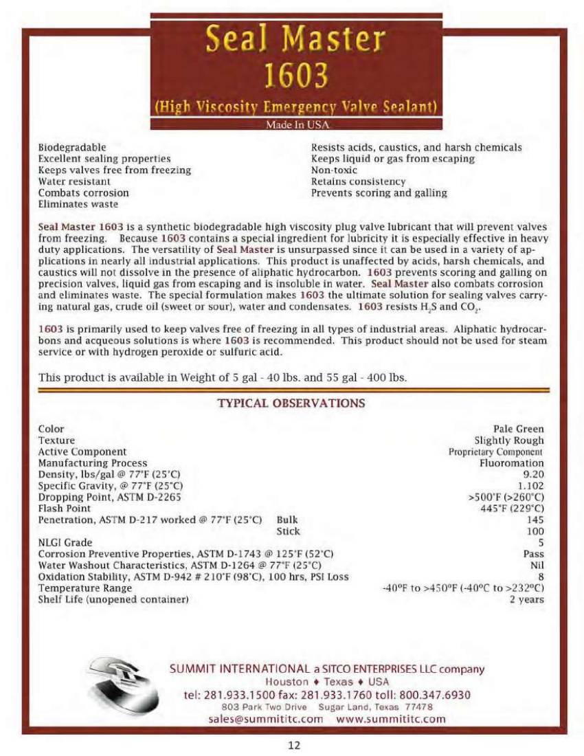 Seal Master 1603 catalog spec sheet