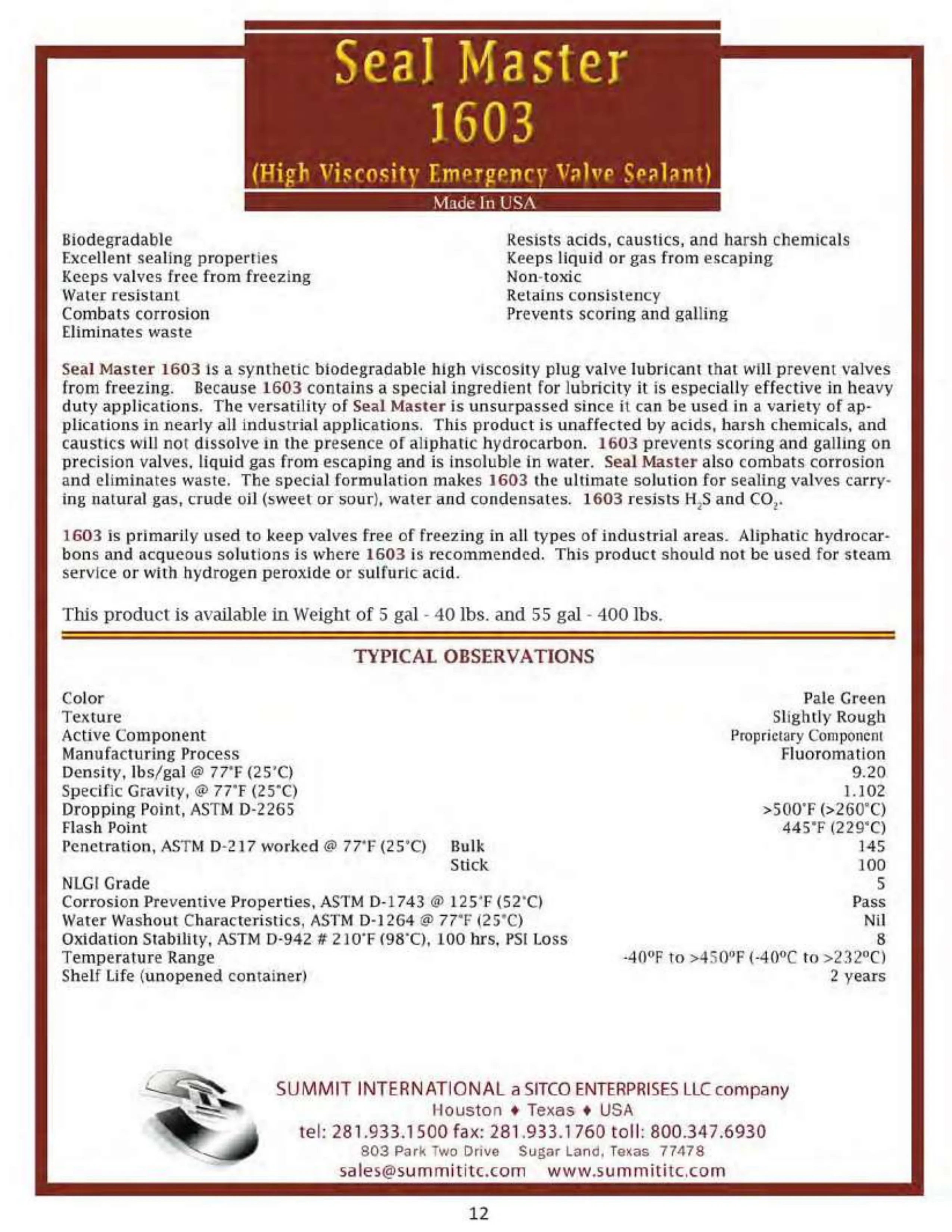 Seal Master 1603 catalog spec sheet