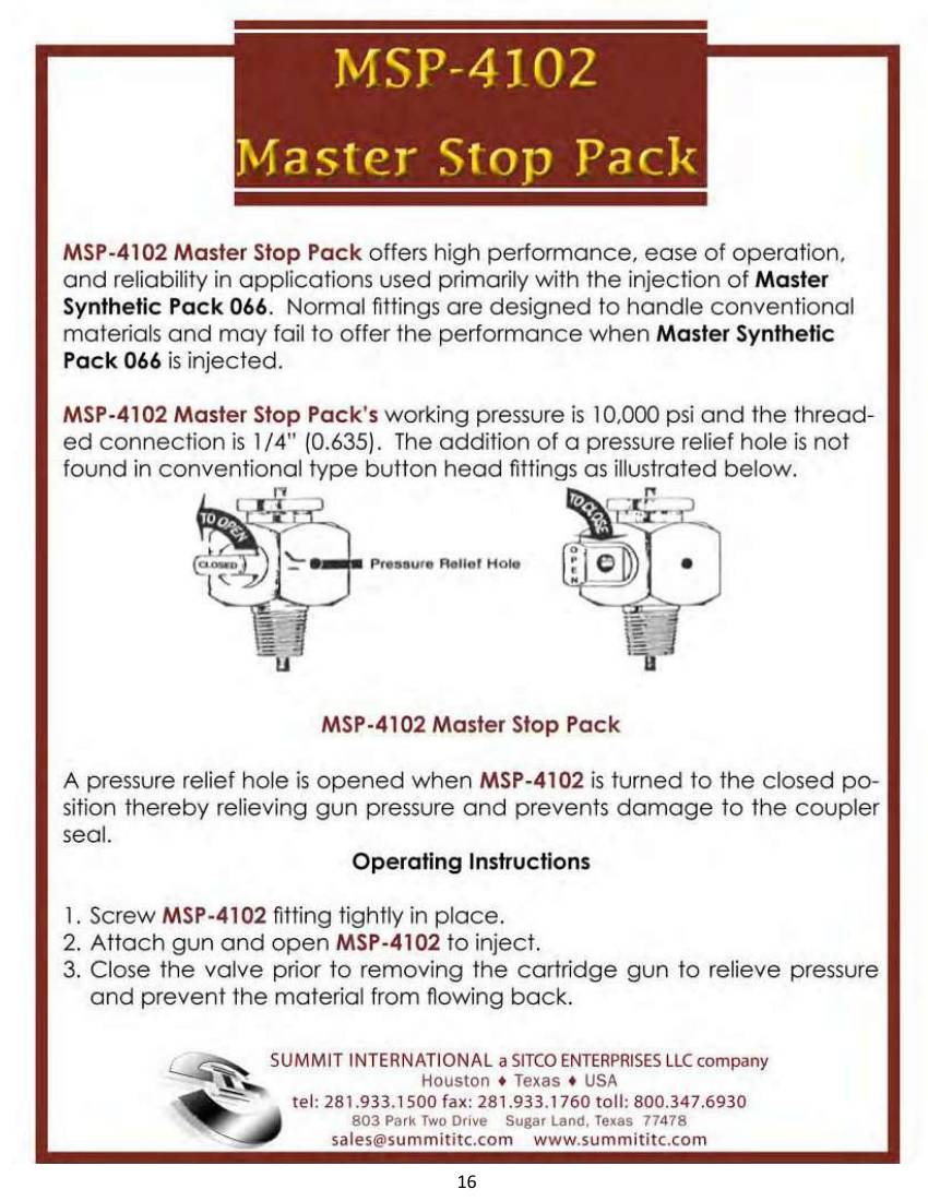 Master Stop Pack MSP-4102 catalog spec sheet