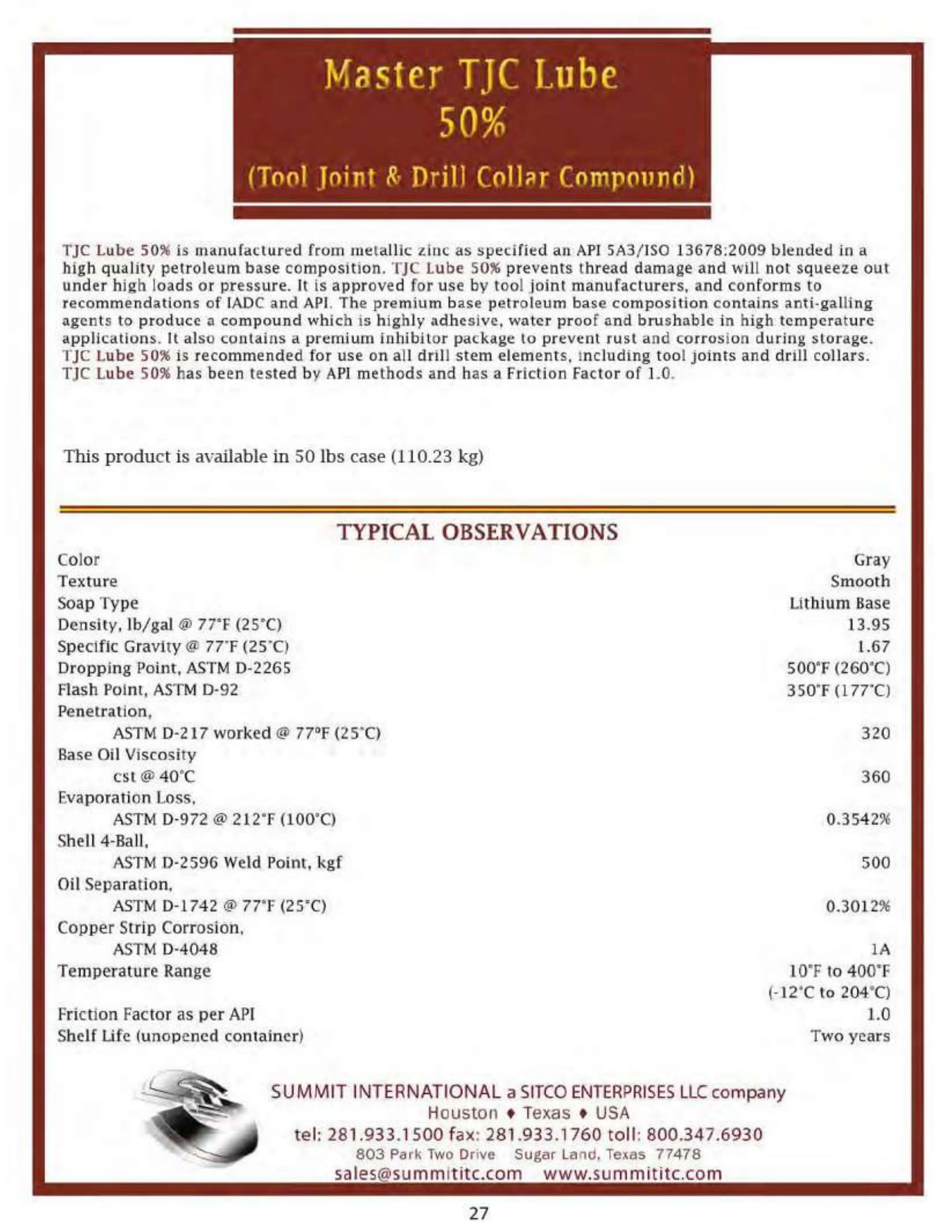 Master TJC Lube 50% catalog spec sheet