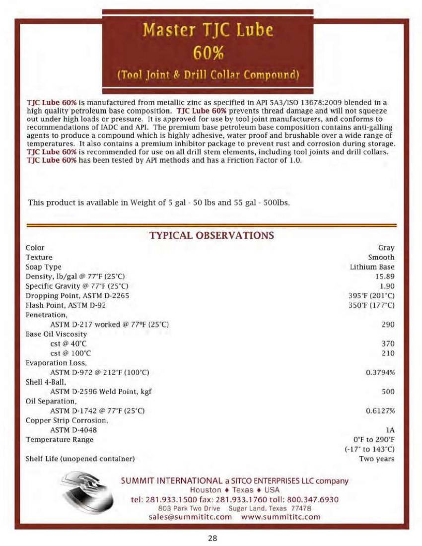 Master TJC Lube 60% catalog spec sheet
