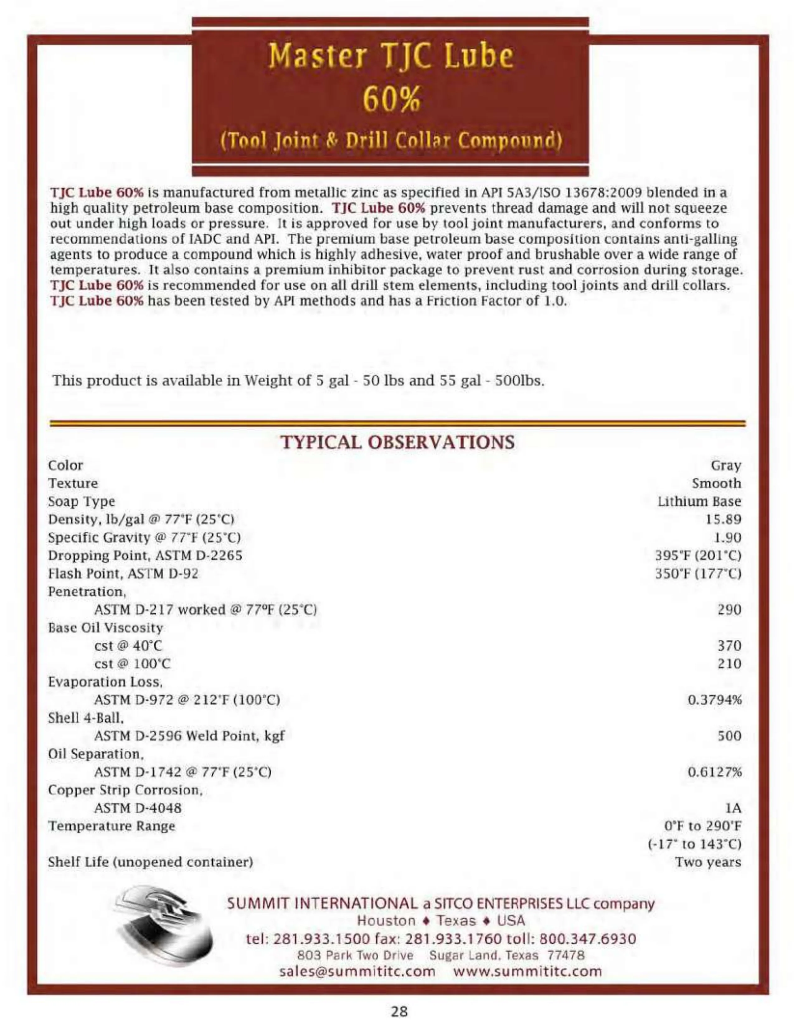 Master TJC Lube 60% catalog spec sheet