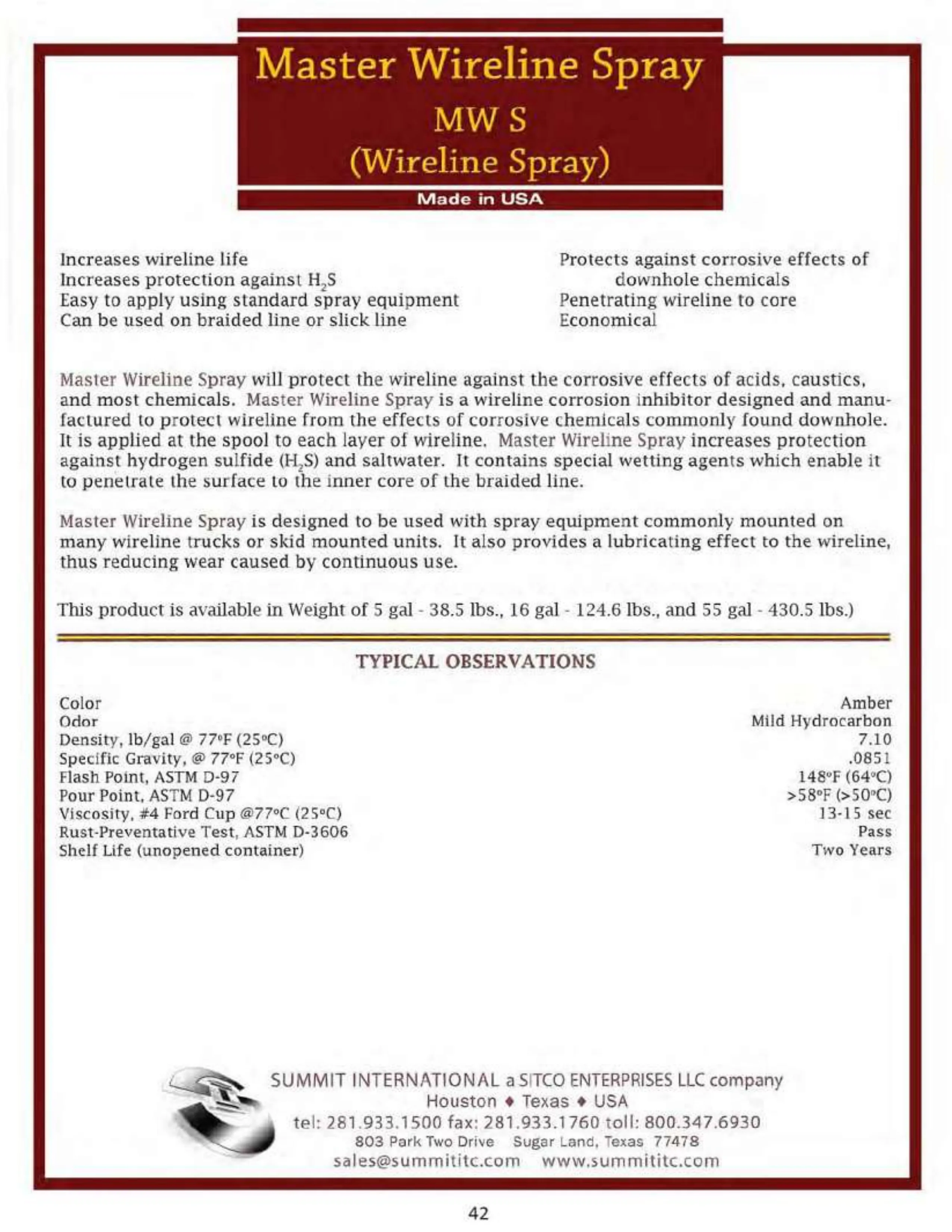 Master Wireline Spray MWS catalog spec sheet