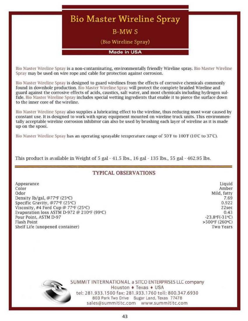 Bio Master Wireline Spray B-MWS catalog spec sheet