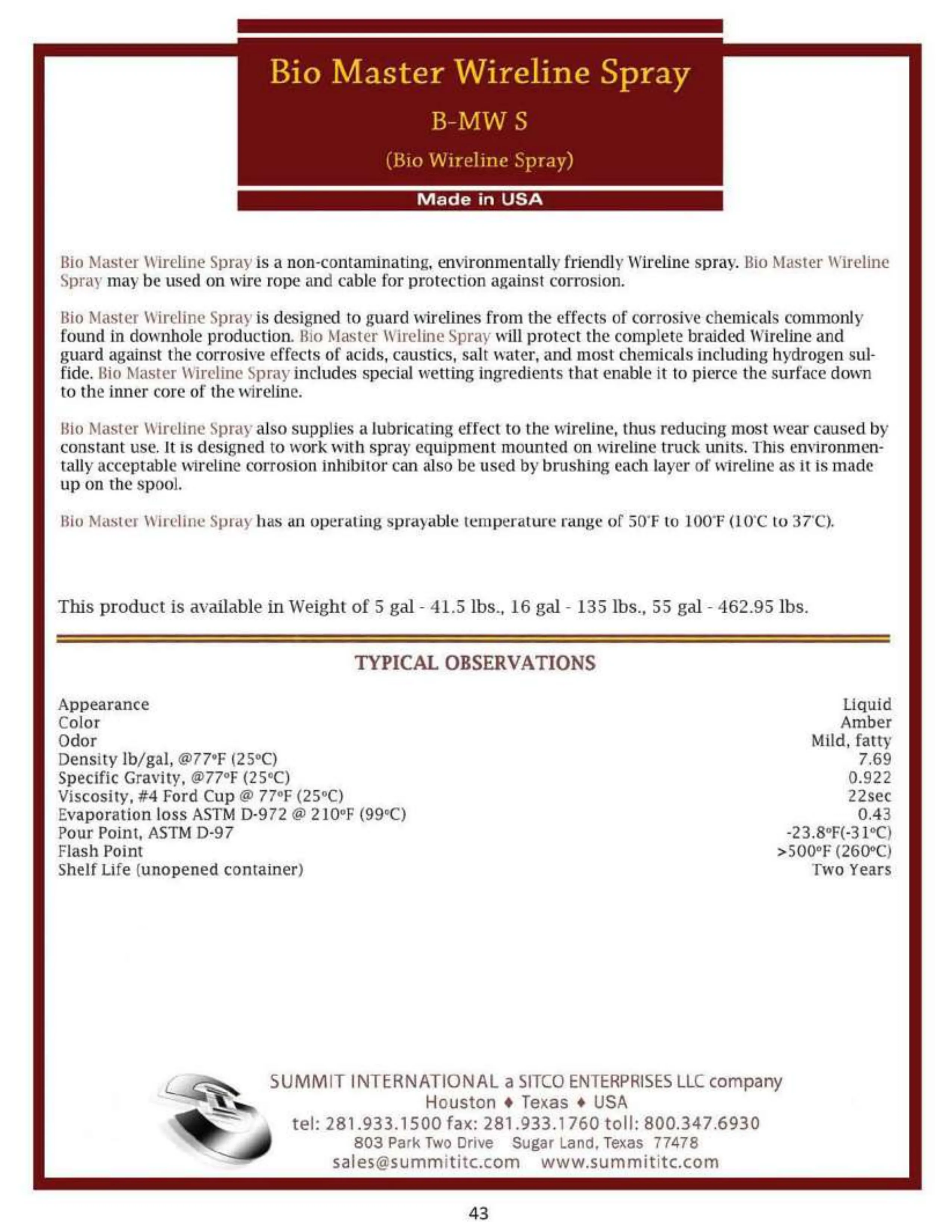 Bio Master Wireline Spray B-MWS catalog spec sheet
