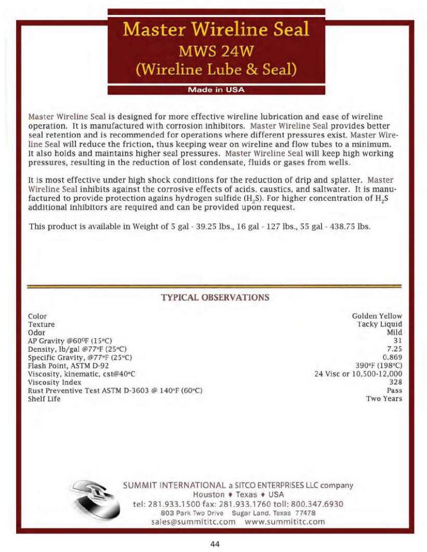 Master Wireline Seal MWS catalog spec sheet