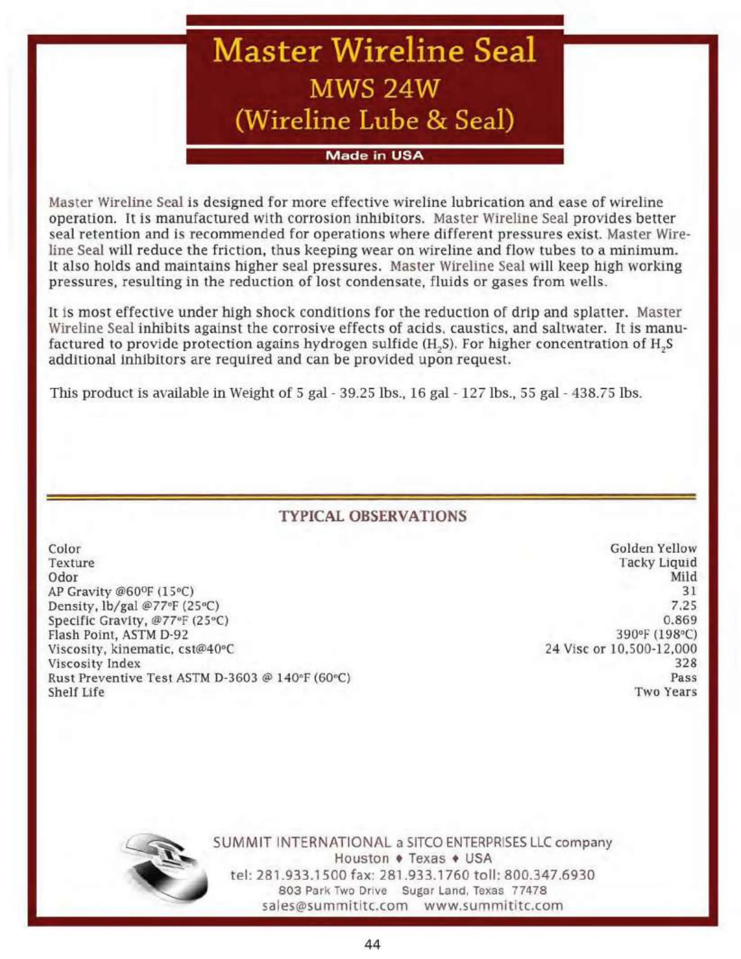 Master Wireline Seal MWS catalog spec sheet