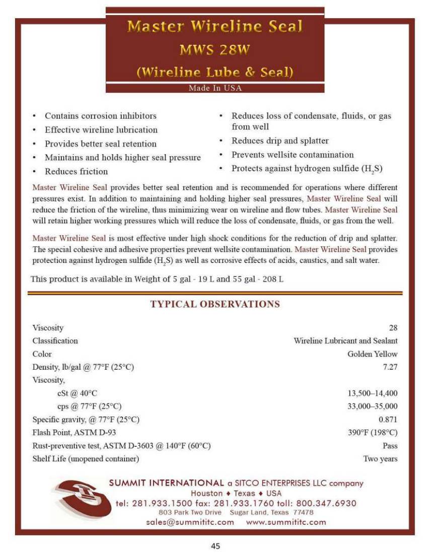 Master Wireline Seal MWS 28W catalog spec sheet