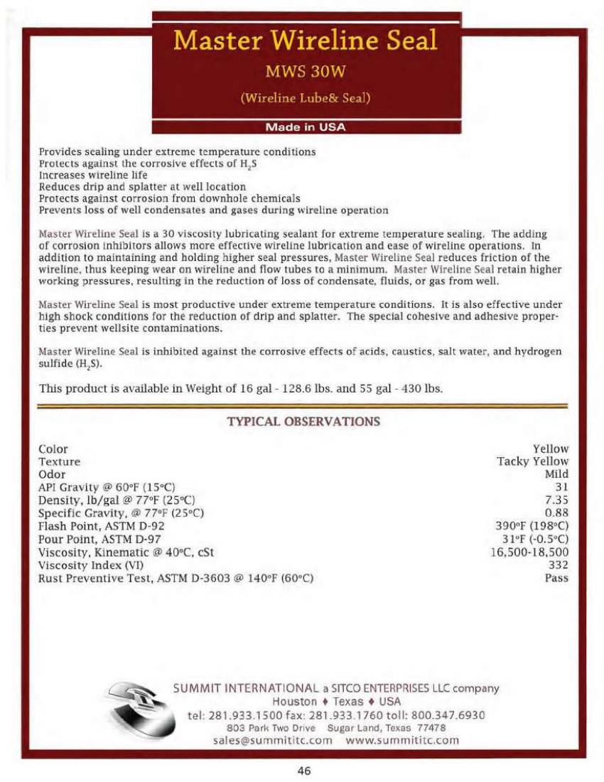 Master Wireline Seal MWS 30W catalog spec sheet
