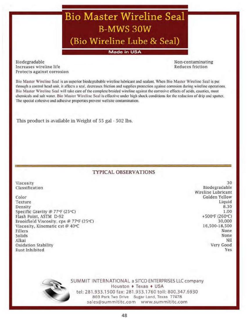 Bio Master Wireline Seal B-MWS 30W catalog spec sheet