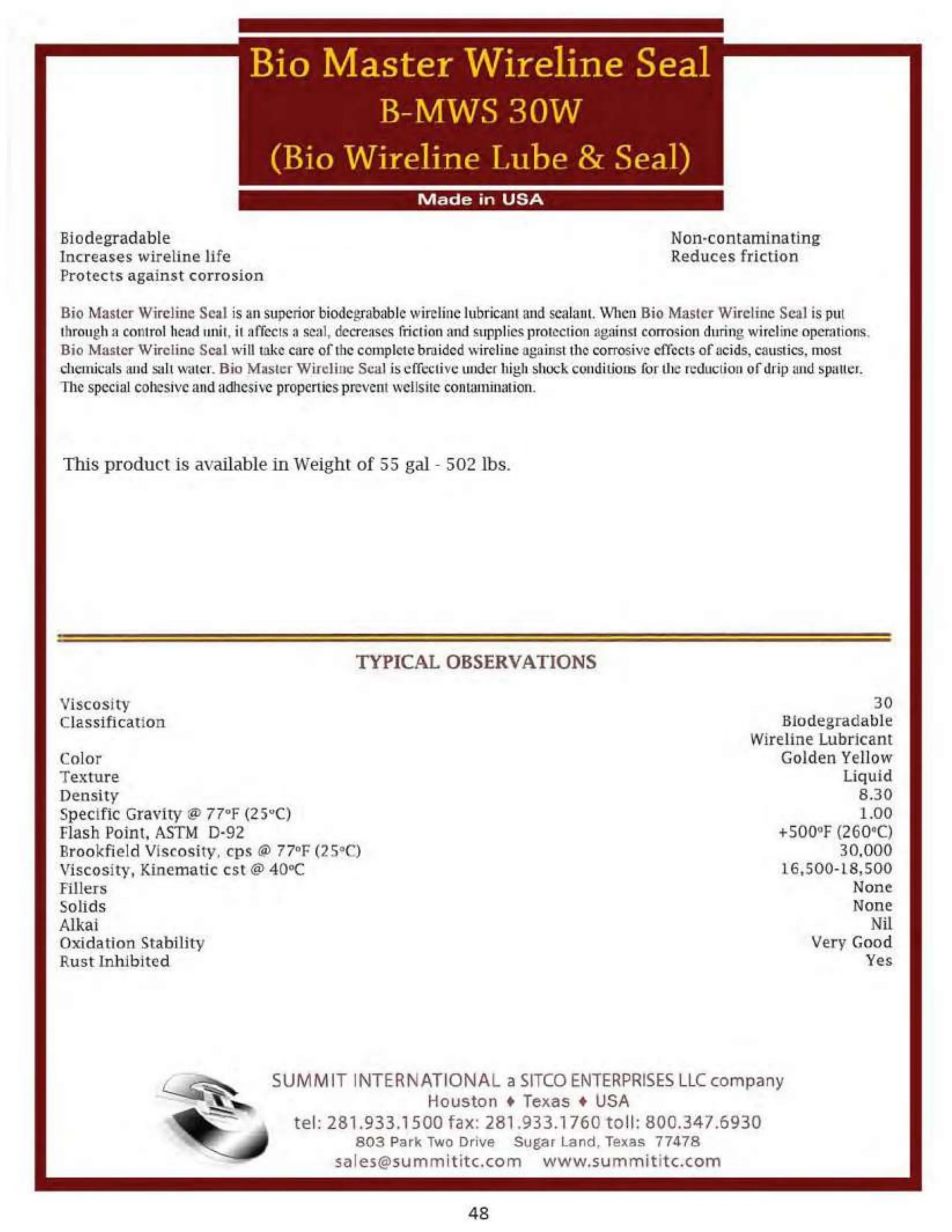 Bio Master Wireline Seal B-MWS 30W catalog spec sheet