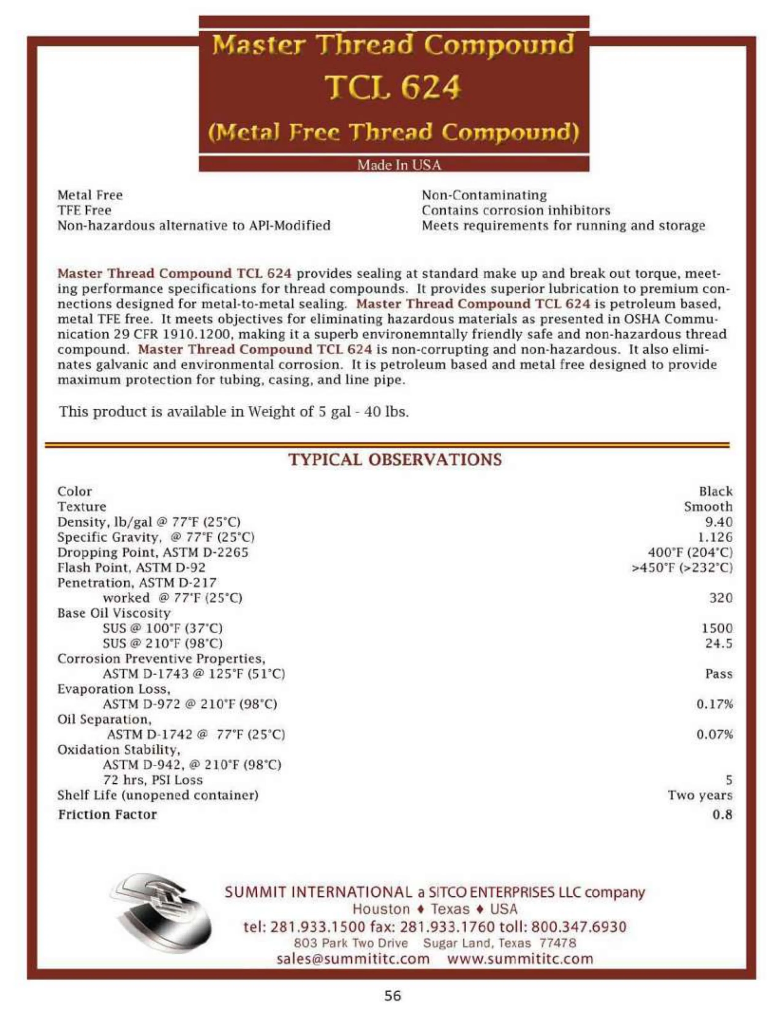 Master Thread Compound TCL 624 catalog spec sheet