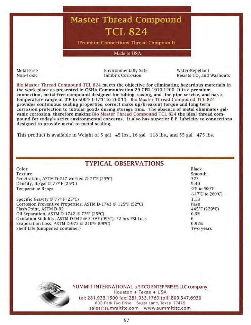 Bio Master Thread Compound TCL 824 catalog spec sheet