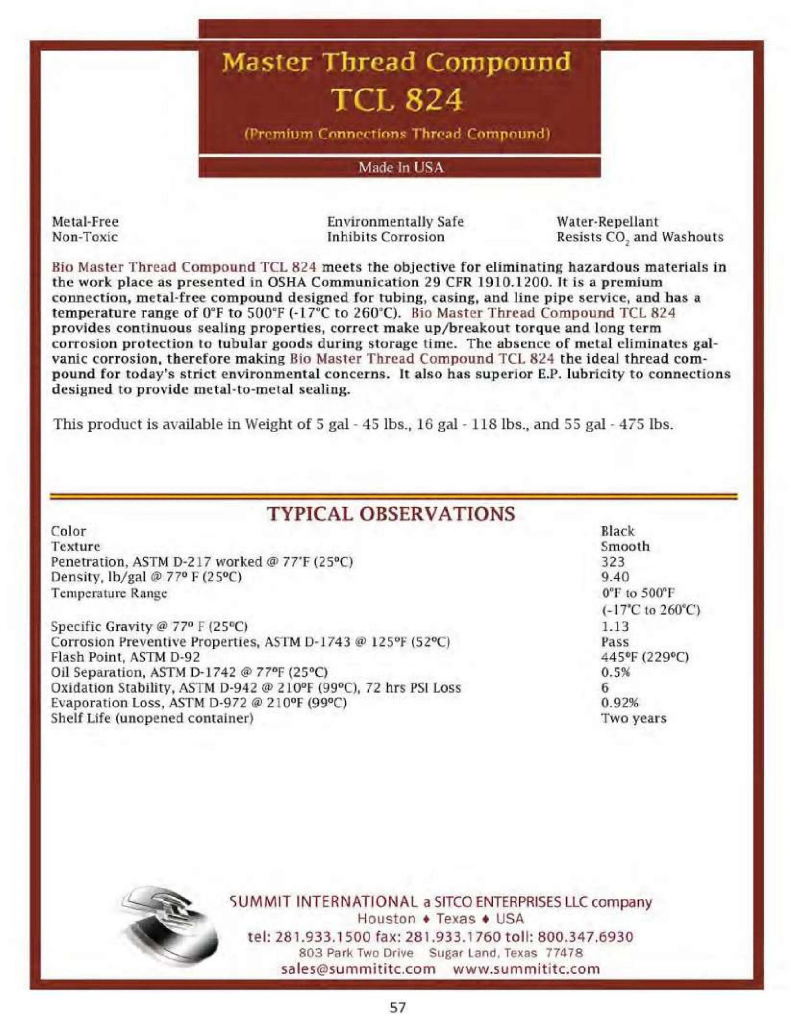 Bio Master Thread Compound TCL 824 catalog spec sheet