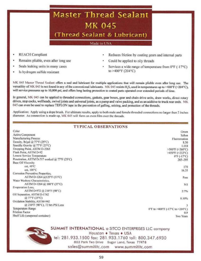 Master Thread Sealant MK 045 catalog spec sheet