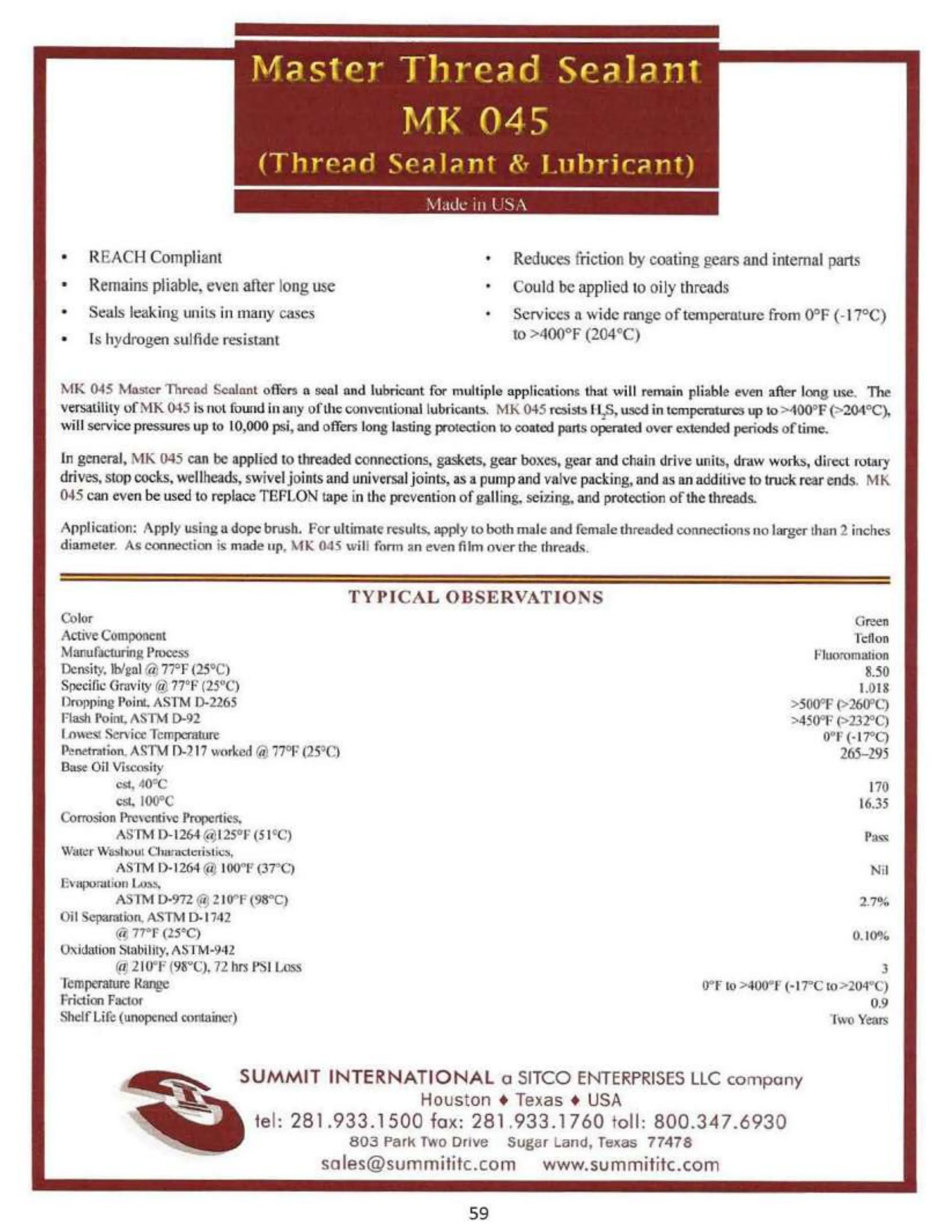 Master Thread Sealant MK 045 catalog spec sheet