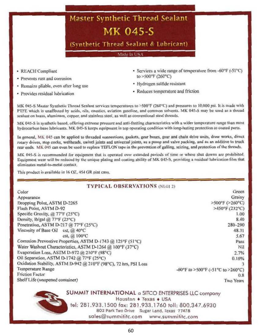 Master Synthetic Thread Sealant MK 045-S catalog spec sheet