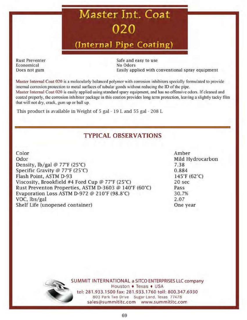 Master Internal Coat 020 catalog spec sheet