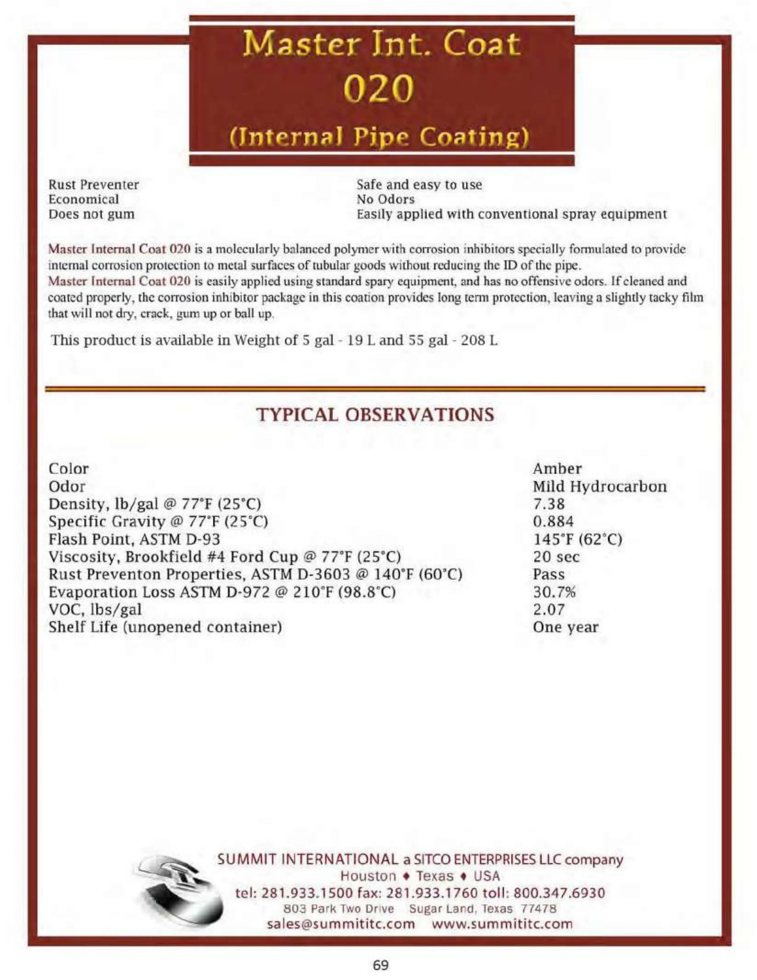 Master Internal Coat 020 catalog spec sheet