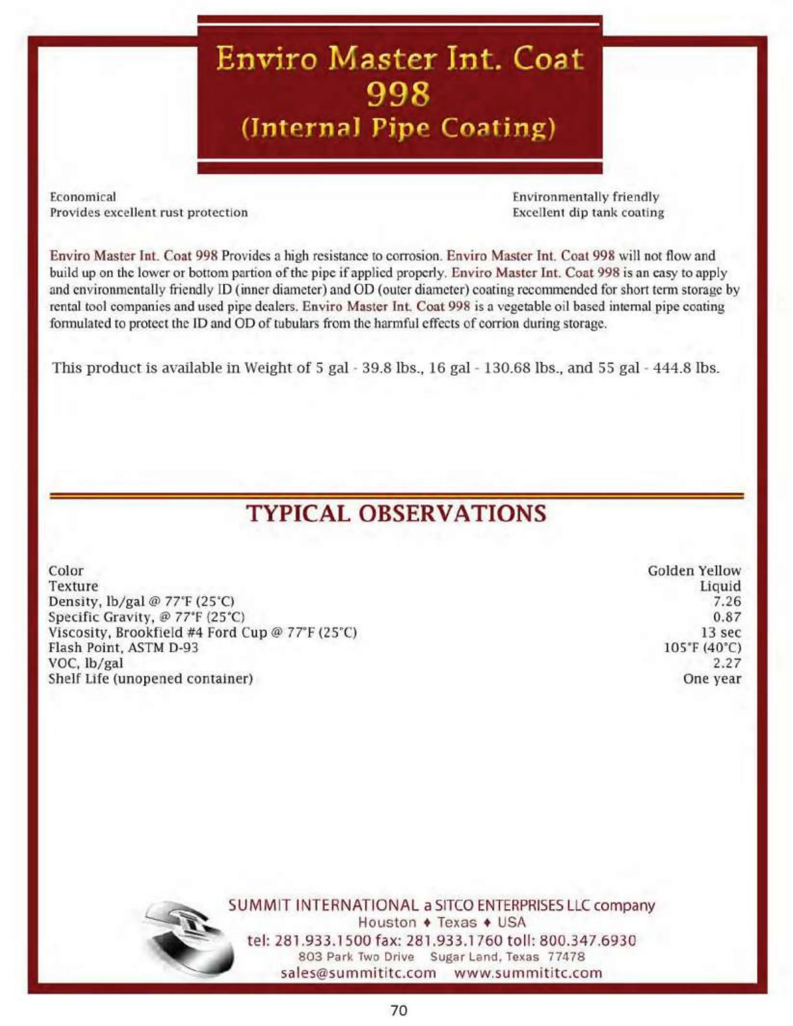 Enviro Master Int. Coat 998 catalog spec sheet