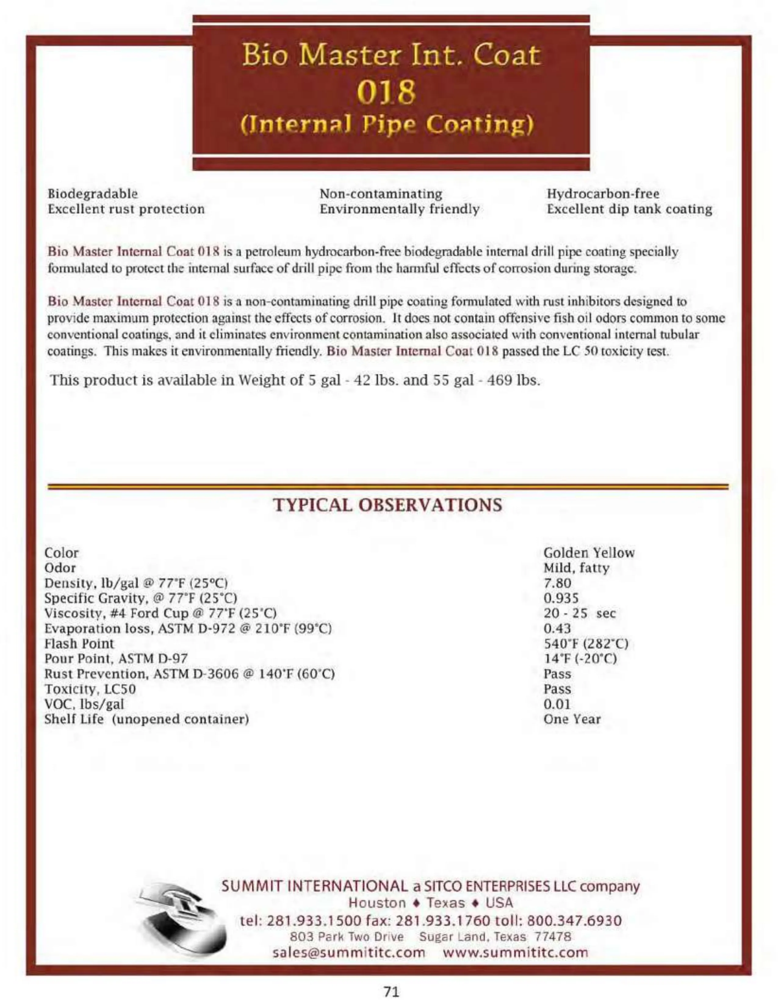 Bio Master Internal Coat 018 catalog spec sheet