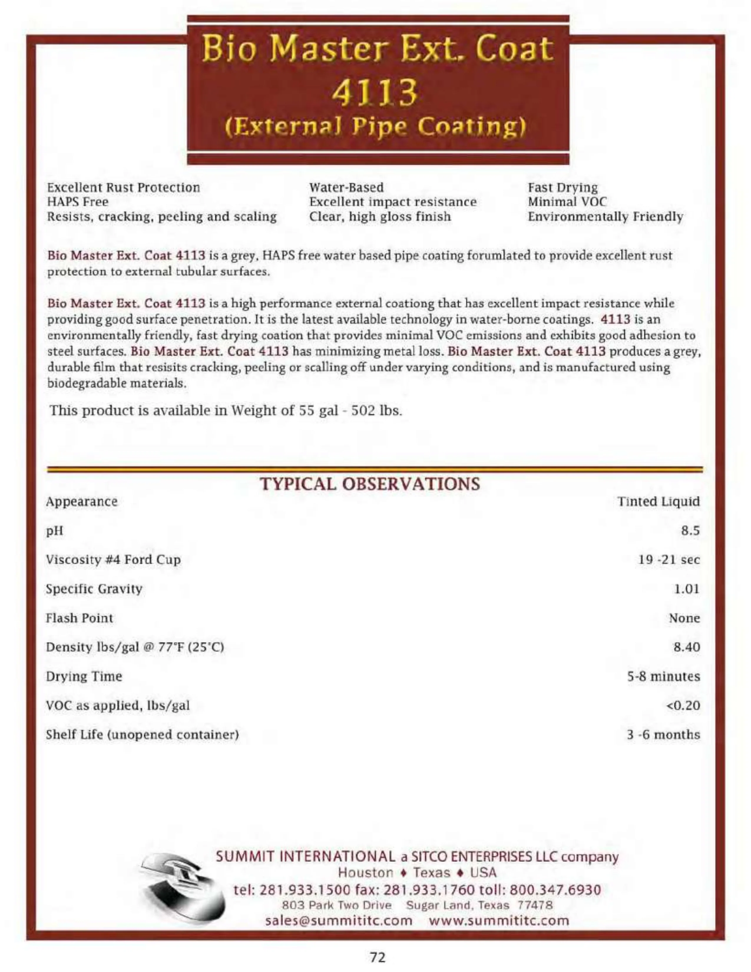 Bio Master Ext. Coat 4113 catalog spec sheet