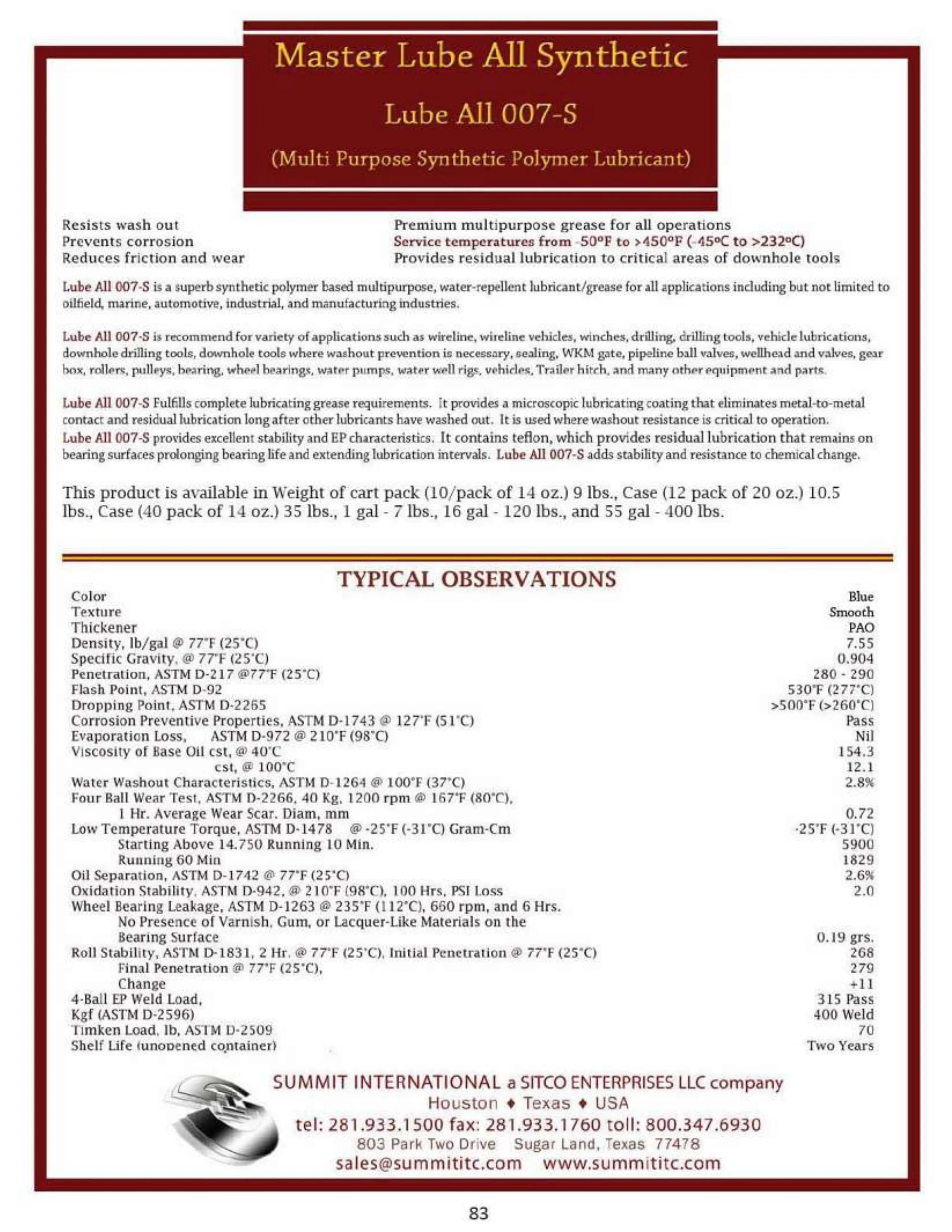 Master Lube All Synthetic Lube All 007-S catalog spec sheet