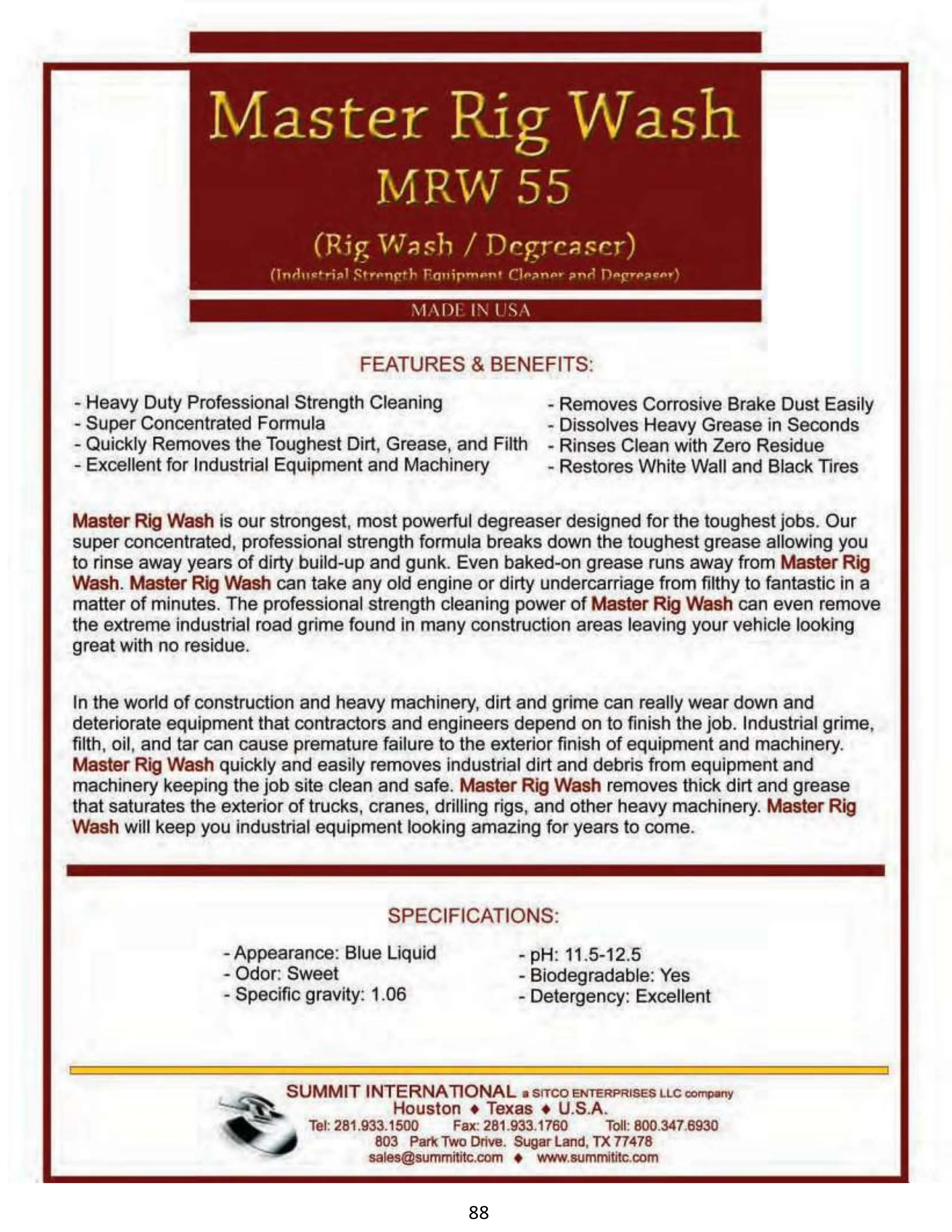 Master Rig Wash MRW 55 catalog spec sheet