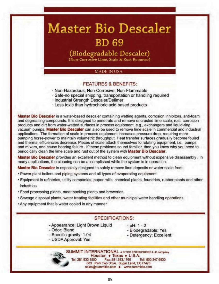 Master Bio Descaler BD 69 catalog spec sheet