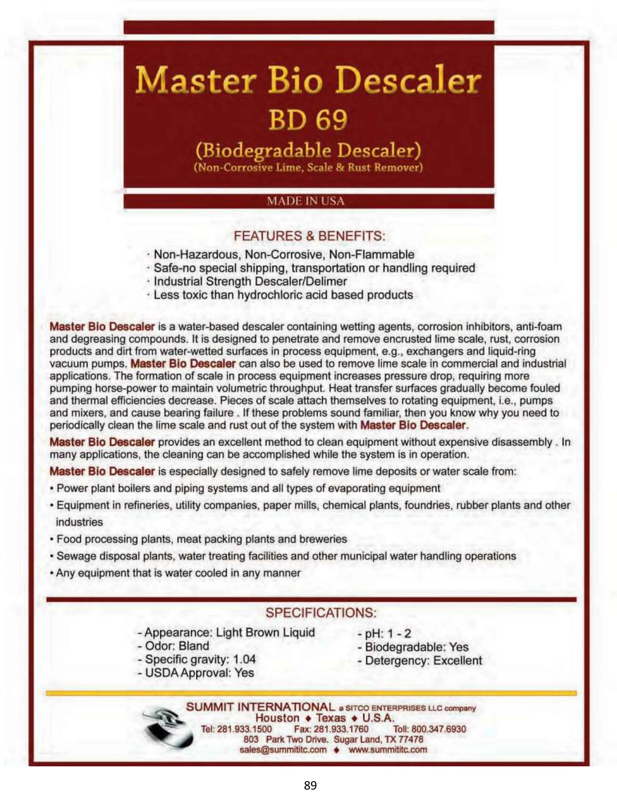 Master Bio Descaler BD 69 catalog spec sheet