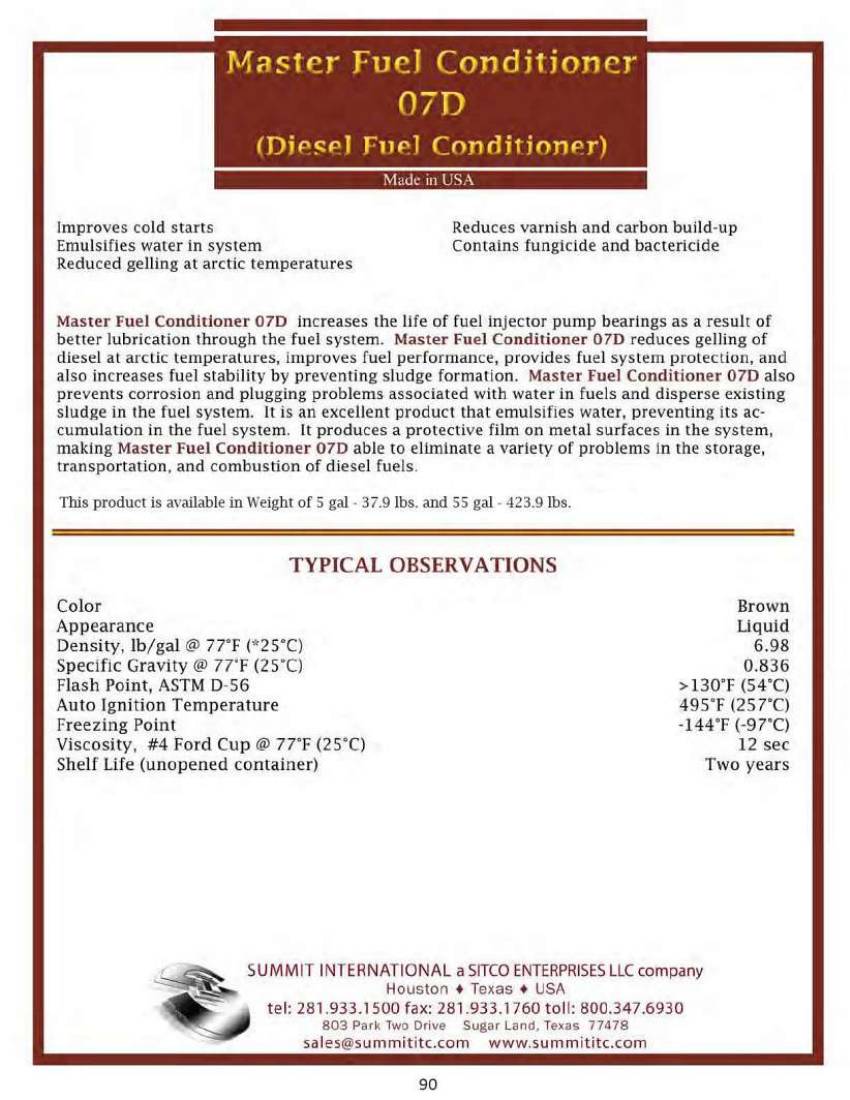 Master Fuel Conditioner 07D catalog spec sheet