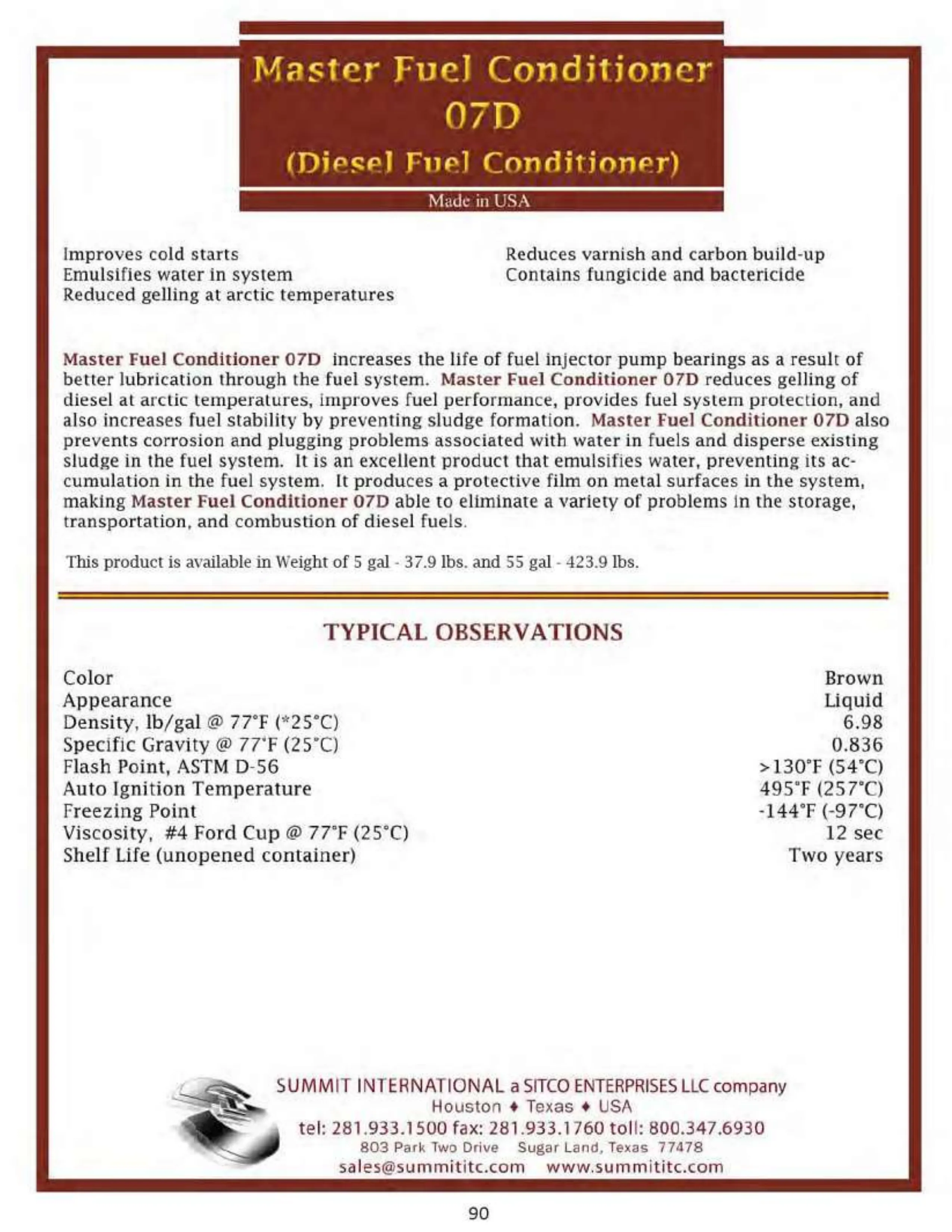 Master Fuel Conditioner 07D catalog spec sheet