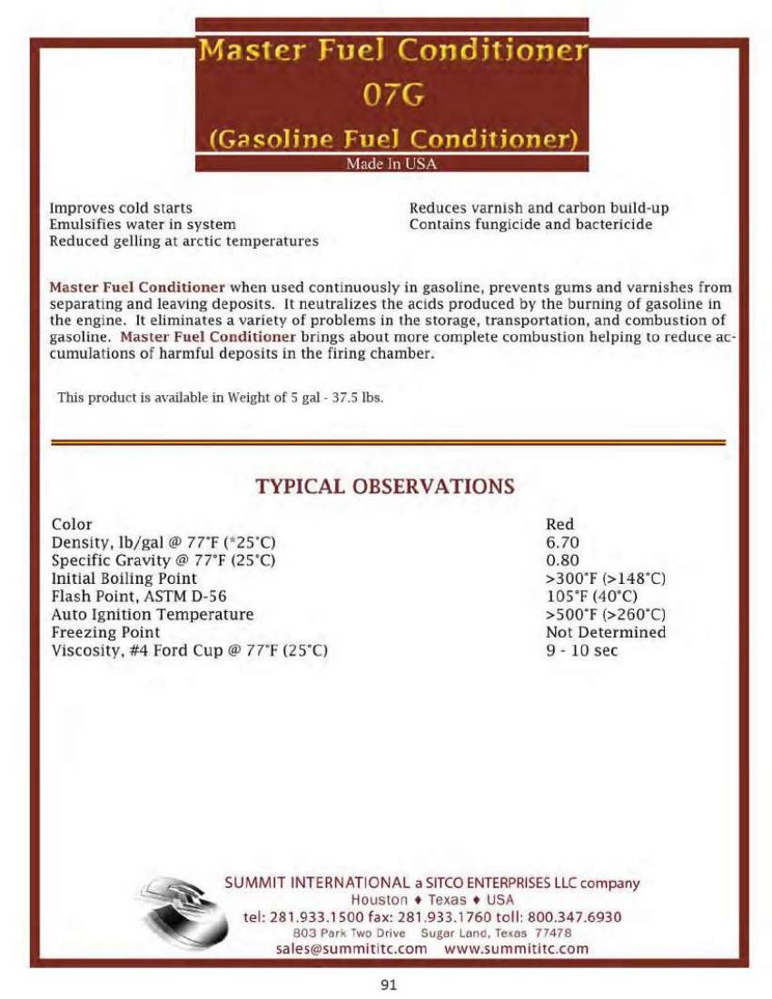 Master Fuel Conditioner 07G catalog spec sheet