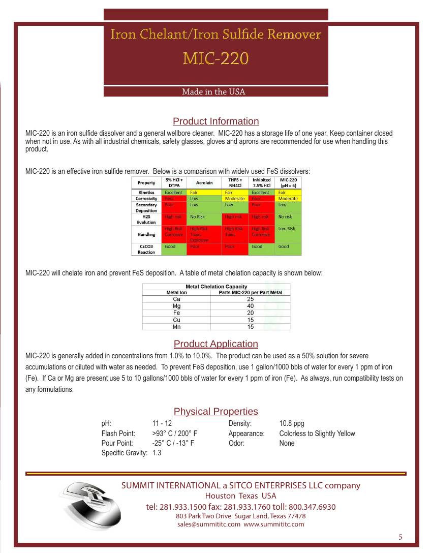 Iron Chelant / Iron Sulfide Remover MIC-220 catalog spec sheet