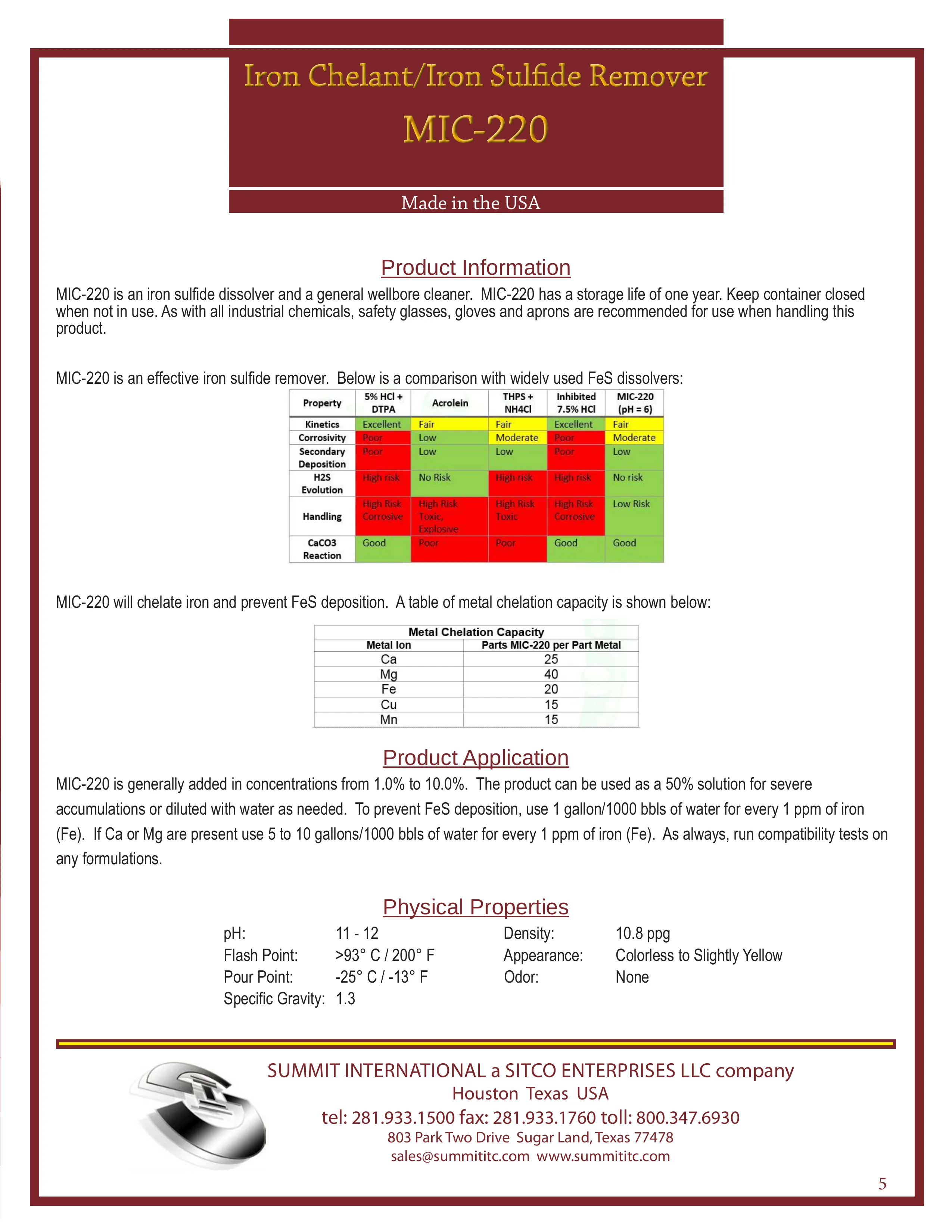 Iron Chelant / Iron Sulfide Remover MIC-220 catalog spec sheet