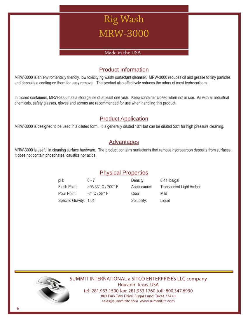 Rig Wash MRW-3000 catalog spec sheet