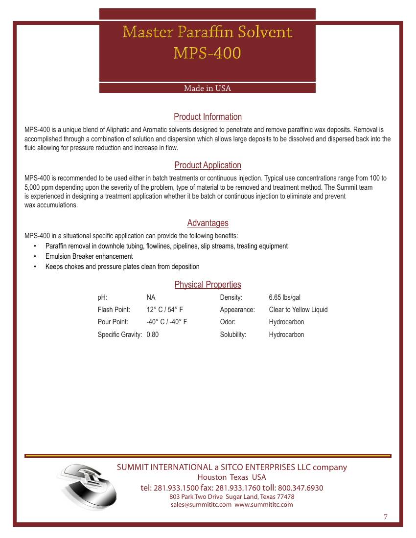 Master Paraffin Solvent MPS-400 catalog spec sheet