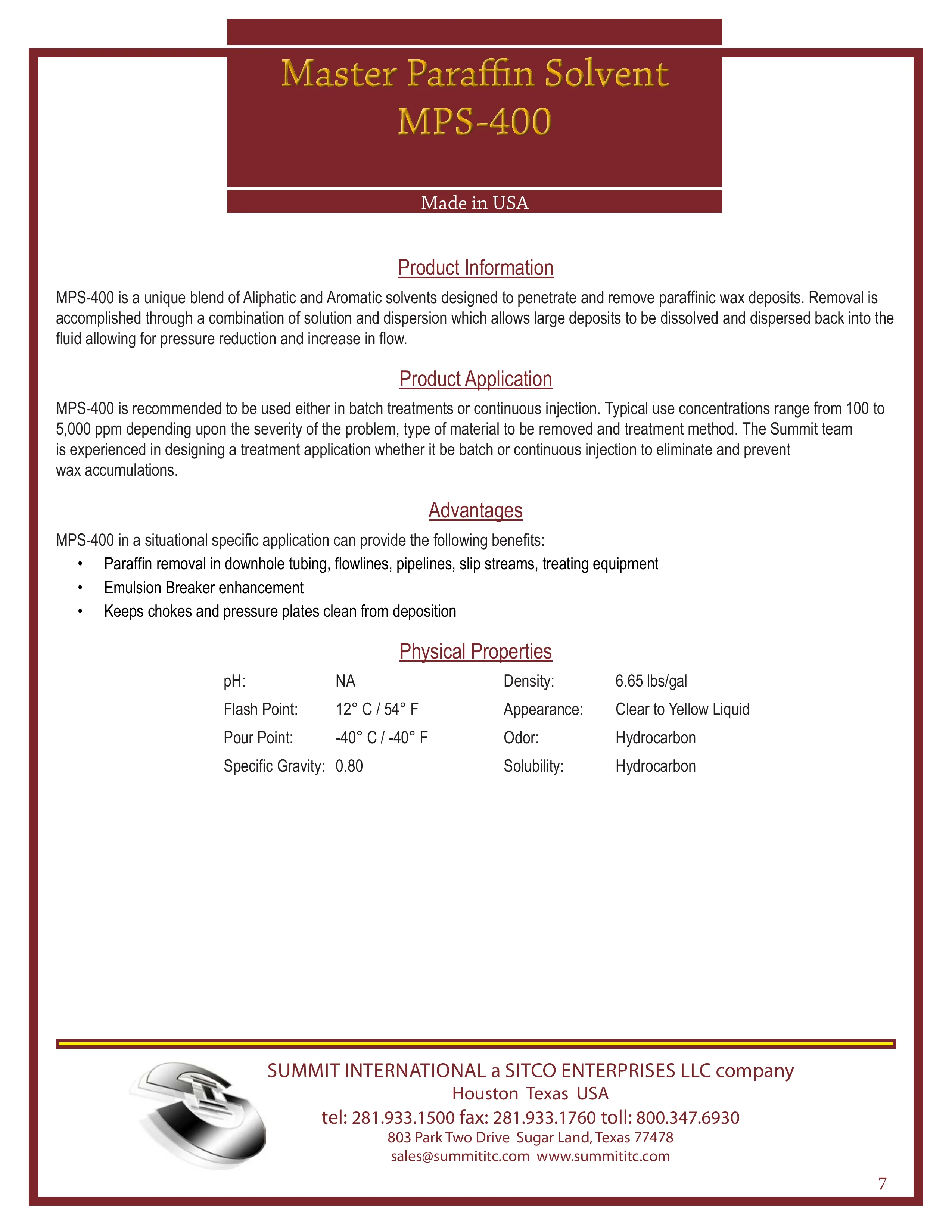 Master Paraffin Solvent MPS-400 catalog spec sheet